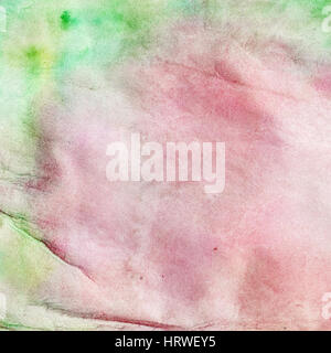 Abstrakte Aquarell Kunst Handfarbe auf weißem Hintergrund mit Spray, Flecken, Spritzer: rote und grüne Töne und Halbtöne. Hand auf Papier Korn Textu gezeichnet Stockfoto