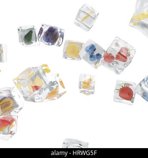 Früchte in Eiswürfel eingefroren, Eiswürfel im Vordergrund anzeigen, einzelne Eiswürfel isoliert auf weißem Hintergrund, 3D-Rendering Stockfoto