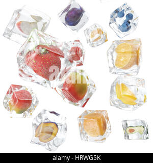 Früchte in Eiswürfel eingefroren, Eiswürfel im Vordergrund anzeigen, einzelne Eiswürfel isoliert auf weißem Hintergrund, 3D-Rendering Stockfoto