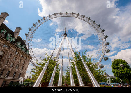 Das London Eye von der South Bank nach Norden entlang einer Allee von Bäumen im Frühjahr Stockfoto