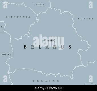 Belarus politische Karte mit Hauptstadt Minsk, nationale Grenzen und Nachbarn. Früher bekannt als Weißrussland. Republik in Osteuropa. Stockfoto