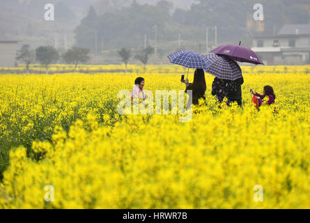 Der chinesischen Nanchang, Jiangxi Provinz. 4. März 2017. Touristen posieren für Fotos unter Cole Blumen bei Anyi County in Nanchang, Hauptstadt der Osten Chinas Jiangxi Provinz, 4. März 2017. Bildnachweis: Peng Zhaozhi/Xinhua/Alamy Live-Nachrichten Stockfoto