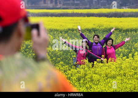 Der chinesischen Nanchang, Jiangxi Provinz. 4. März 2017. Touristen posieren für Fotos unter Cole Blumen bei Anyi County in Nanchang, Hauptstadt der Osten Chinas Jiangxi Provinz, 4. März 2017. Bildnachweis: Peng Zhaozhi/Xinhua/Alamy Live-Nachrichten Stockfoto