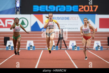 Belgrad, Serbien. 4. März 2017. Lorene Dorcas Bazolo aus Portugal (l-R), Alexandra Burghardt aus Deutschland und Ewa Swoboda aus Polen in Aktion während des 60m Events (Runde 1) bei den Halleneuropameisterschaften Leichtathletik in der Kombank Arena in Belgrad, Serbien, 4. März 2017. Foto: Sven Hoppe/Dpa/Alamy Live News Stockfoto