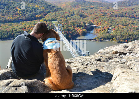 Ein junger Mann und seine Golden Retriever mit Blick auf den Hudson River Valley | New York State, USA Stockfoto