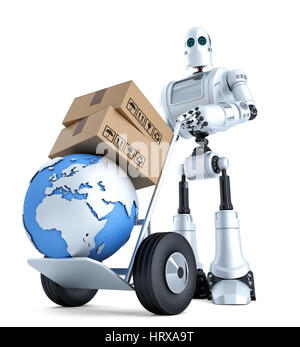 Roboter mit Sackkarre und Stapel von Kisten. Isoliert auf weiß. Clipping-Pfad enthält Stockfoto