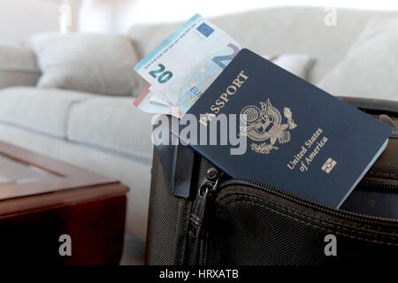 US-Pass mit Euro auf Handgepäck Stockfoto