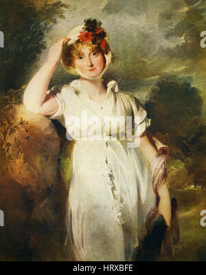 Dieses Gemälde mit dem Titel "Caroline von Braunschweig, Königin von Georg IV.," ist des Engländers Sir Thomas Lawrence (1769-1830). Er malte die große Schönheiten und talentierte Frauen der Zeit und erhielten enorme Gebühren und verschwenderisch ausgegeben. Es wird gesagt, dass ein großer Teil seiner Arbeit Stereotypen Charakter war. Stockfoto