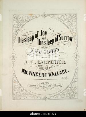 Titelbild der Noten des Liedes "Der Schlaf der Freude" und die schlafen der Trauer zwei Lieder [Sleep of Joy] mit ursprünglichen Autorschaft Noten lesen "Geschrieben von JE Carpenter komponiert von Wm Vincent Wallace", USA, 1863. Der Verlag als "WM Halle und Sohn, 543 Broadway" aufgeführt ist, die Form der Komposition ist "strophische mit Chor", die Instrumentierung ist "Klavier und Stimme", die erste Zeile lautet "O' er ihre Gesichtszüge leicht spielen, lächelt wie glänzt Licht erscheinen" und der Abbildung Künstler als "Clayton" aufgeführt ist. Stockfoto
