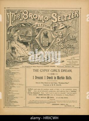 Noten zu decken Bild des Liedes "The Bromo-Seltzer Sammlung von 54 beliebte Lieder komplette und ungekürzte vollständige Musik Größe mit Klavier und Orgel Begleitung The Gypsy Girl Traum, oder, ich träumte ich wohnte in Marmor Hallen", mit ursprünglichen Autorschaft Noten lesen "Komponiert von MW Balfe", USA, 1900. Der Verlag als "Emerson Drug Co." aufgeführt ist, die Form der Komposition ist "strophische mit Chor", die Instrumentierung ist "Klavier und Stimme", die erste Zeile lautet "Ich träumte, dass ich in Marmorhallen, mit Vasallen und Untertanen an meiner Seite wohnte", und der Abbildung Künstler wird als "S.G. Malone, Stockfoto