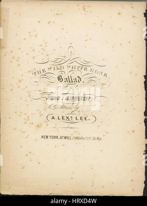Titelbild der Noten des Liedes "The Wild White Rose Ballade" mit ursprünglichen Autorschaft Noten lesen "Musik von Alexr Lee", USA, 1900. Der Verlag als "Atwill, 201 Br.way" aufgeführt ist, die Form der Komposition ist "strophischen", die Instrumentierung ist "Klavier und Stimme", die erste Zeile lautet "Alle in den Garten der Schönheit wächst, stolzeste und süßesten eine seltsame wilde Rose", und der Abbildung Künstler als 'None' aufgeführt ist. Stockfoto