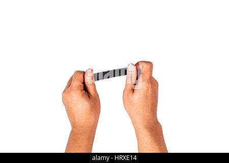 Das Konzept der Hände geht bis schwarz mit Klebeband auf dem weißen Hintergrund schließen. Stockfoto