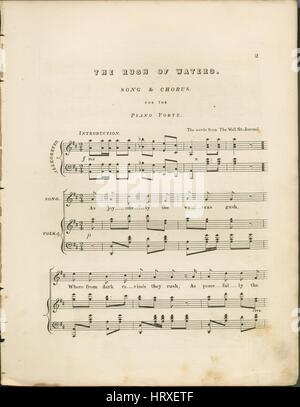 Titelbild der Noten des Liedes "The Rush of Waters Song und Chor", mit ursprünglichen Autorschaft Noten lesen "Die Worte von The Wall Street Journal [Musik Na]", 1900. Der Verlag wird als aufgeführt '', die Form der Komposition ist "strophische mit Chor", die Instrumentierung ist "Klavier und Gesang (Solo und Satb Chor)", die erste Linie liest "Als freudig das Wasser sprudeln, wo von dunklen Schlucht stürzen sie", und der Abbildung Künstler als "G. Kirk, Graveur" aufgeführt ist. Stockfoto