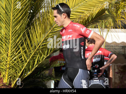 Alberto Contador posieren mit seinem neuen Teamtrikot Trek Segafredo vor einer Trainingseinheit in Mallorca Stockfoto