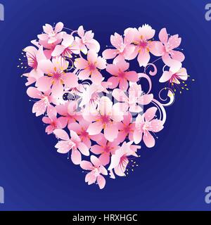 Vektor-rosa Blüten Herzen auf dunkelblauem Hintergrund Stock Vektor