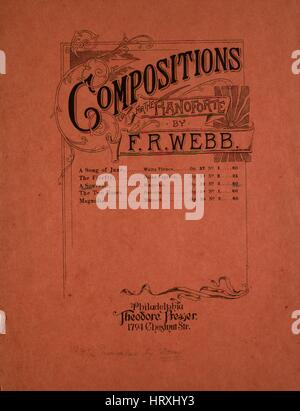 Titelbild der Noten des Liedes "Kompositionen für Pianoforte A Souvenir Mazurka", mit ursprünglichen Autorschaft Noten lesen "von FR Webb", USA, 1892. Der Verlag als "Theodore Presser, 1704 Chestnut Str." aufgeführt ist, die Form der Komposition ist "Schnitt", die Instrumentierung ist "Klavier", liest die erste Zeile "None" und der Abbildung Künstler als 'None' aufgeführt ist. Stockfoto