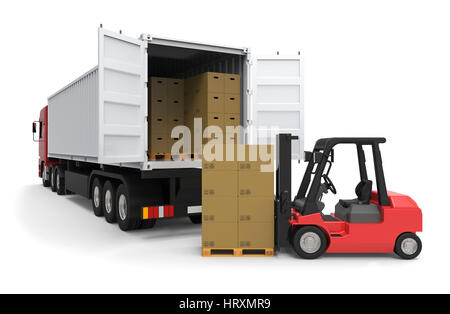 Gabelstapler laden einen langen-LKW auf weißem Hintergrund 3D-Rendering Stockfoto