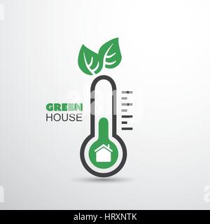 Green House - die Globale Erwärmung, ökologische Probleme und Lösungen - Thermometer Icon Design Stock Vektor