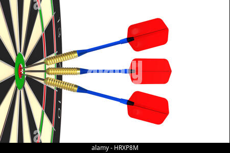 Drei Darts Pfeile in der Ziel-Mitte isoliert auf weißem Hintergrund 3D-Rendering Stockfoto