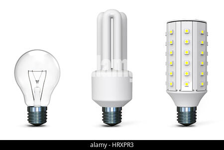 Verschiedene Glühbirnen auf weißem Hintergrund 3D-Rendering Stockfoto