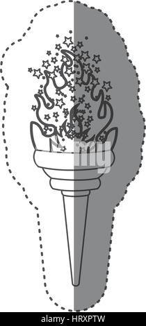 Aufkleber-Graustufen-Kontur mit Olympische Fackel Flamme mit Sternen Stock Vektor