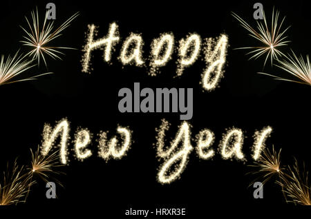 Frohes neues Jahr auf schwarzem Hintergrund Stockfoto