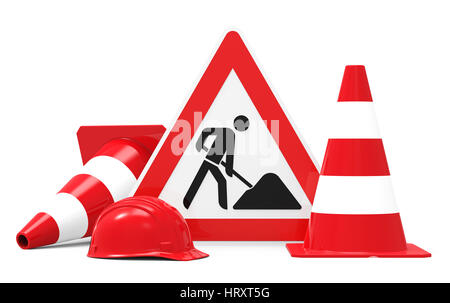 Im Bau, Straßenschild, Leitkegel und Schutzhelm, isoliert auf weißem Hintergrund 3D-Rendering Stockfoto