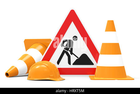Im Bau, Straßenschild, Leitkegel und Schutzhelm, isoliert auf weißem Hintergrund 3D-Rendering Stockfoto