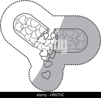 Aufkleber monochrome Silhouette Pille medizinische in Kapsel Form mit Herzen Stock Vektor