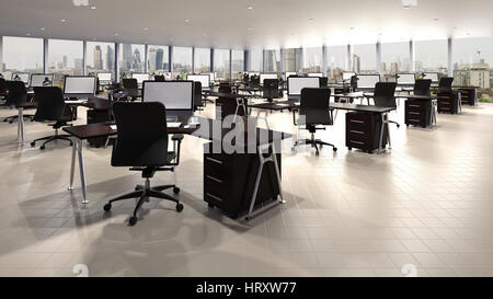 Freiraum-Büro mit Windows und City View 3D Renderings Stockfoto