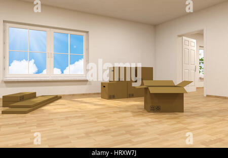 Umzug in eine neue Wohnung. Leeren Raum mit Kartons 3D-Rendering Stockfoto