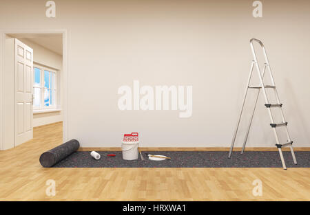 Wandbemalung. Farbe kann mit Bürstenrolle und Leiter Stockfoto