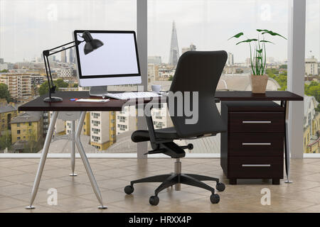 Schreibtisch mit Computer und City View 3D Renderings Stockfoto