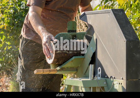 Mann ist die Verwendung einer elektrischen Säge für Brennholz Stockfoto