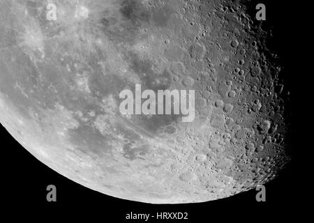 Nahaufnahme von der Mondoberfläche. Haupt-Objekte und Bereiche: Clavius, Longomontanus, Schiller, Wilhelm, Tycho, Maginus, Pitatus, Mare grenzt, Mare Cognitum Stockfoto