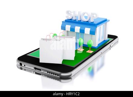 3D Illustration. Smartphone mit Shop. Online-Shop-Konzept. Isolierten weißen Hintergrund. Stockfoto
