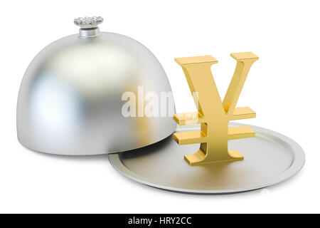 Restaurant Cloche mit gold Yen oder Yuan Symbol, 3D rendering Stockfoto