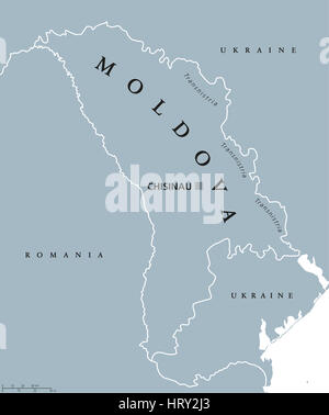 Republik Moldau politische Karte mit Hauptstadt Chisinau, Transnistrien, nationale Grenzen und Nachbarn. Auch Moldawien, Binnenstaat Republik in Osteuropa. Stockfoto