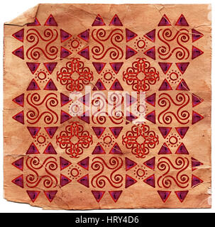 Alte ägyptische Ornament. Handzeichnung. Geometrische Muster. Auf alten gerillter. Rosa, Beige, Purpur, rot. Dreiecke, Kreise Punkte Spiralen Stockfoto