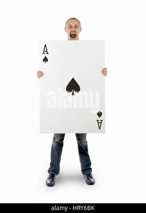Geschäftsmann mit großen Spielkarte - Pik-As Stockfoto