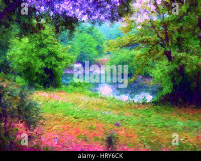 Digitale Malerei Illustrationskunst. Kleiner See im Wald. Einsetzbar für Tapeten, Leinwand drucken, Dekoration, Banner und Werbung. Stockfoto