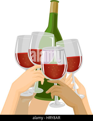 Illustration der Hände klirren die Gläser gegen eine Flasche Wein beschnitten Stockfoto