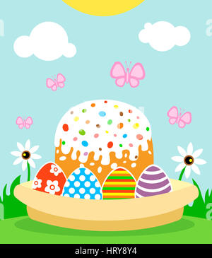 Glücklich Hintergrund Osterkarte mit Kuchen und Ei Stockfoto