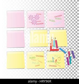neun Aufkleber Büro Papierblatt rosa und gelb mit Farbstiften oder einen Aufkleber mit Schatten isoliert auf einem transparenten Hintergrund. Vektor für y Stock Vektor