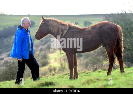 Nigel Higson, eine freiwillige "Lookerer", während eine tägliche Check-up auf sieben New Forest Ponys, die in diesem Monat von Brighton Rat auf Downland in Orde eingeführt Stockfoto