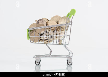 Pfund Münzen in Warenkorb/Wagen. Repräsentiert die Konsumkraft der britischen Verbraucher und die Verkaufszahlen auf der Straße, nur mit Bargeld. Stockfoto