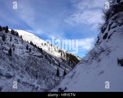 Schneebedeckte Wasatch Berge im Winter.  Blauer Himmel und Cirruswolken.  Sundance, Utah, Utah County. Stockfoto