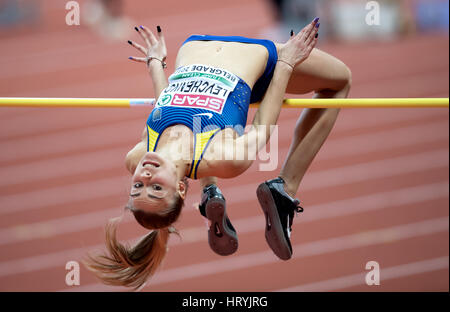 Belgrad, Serbien. 4. März 2017. Yuliya Levchenko aus der Ukraine in Aktion im Hochsprung Finale bei den European Athletics Indoor WM 2017-Finals in Belgrad, Serbien, 4. März 2017. Foto: Sven Hoppe/Dpa/Alamy Live News Stockfoto