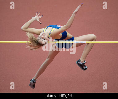 Belgrad, Serbien. 4. März 2017. Yuliya Levchenko aus der Ukraine in Aktion im Hochsprung Finale bei den European Athletics Indoor WM 2017-Finals in Belgrad, Serbien, 4. März 2017. Foto: Sven Hoppe/Dpa/Alamy Live News Stockfoto