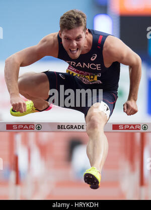 Belgrad, Serbien. 5. März 2017. Kevin Mayer aus Frankreich in Aktion während der 60-Meter-Hürdenlauf der Siebenkampf im Finale European Athletics Indoor WM 2017 in Belgrad, Serbien, 5. März 2017. Foto: Sven Hoppe/Dpa/Alamy Live News Stockfoto